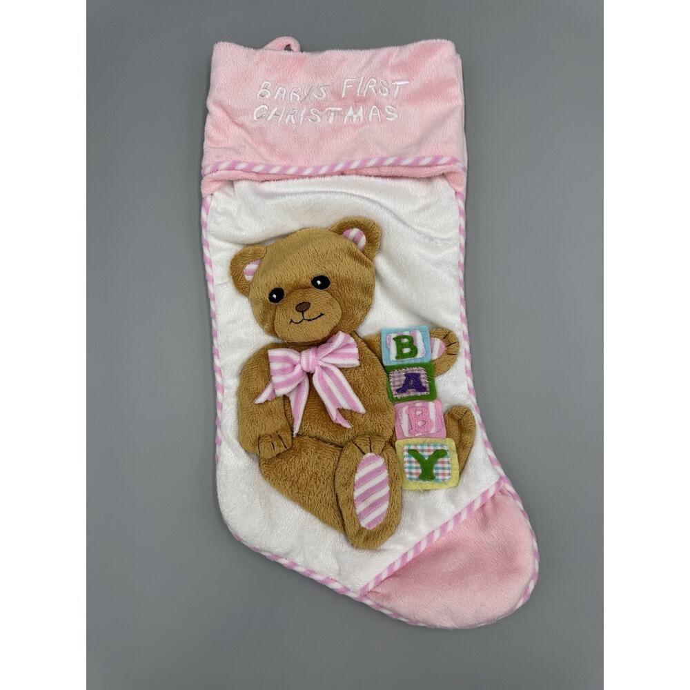 Baby Girls First Christmas Cloth Stocking Teddy Bear Pink 3D St‎ Nicks Choice
